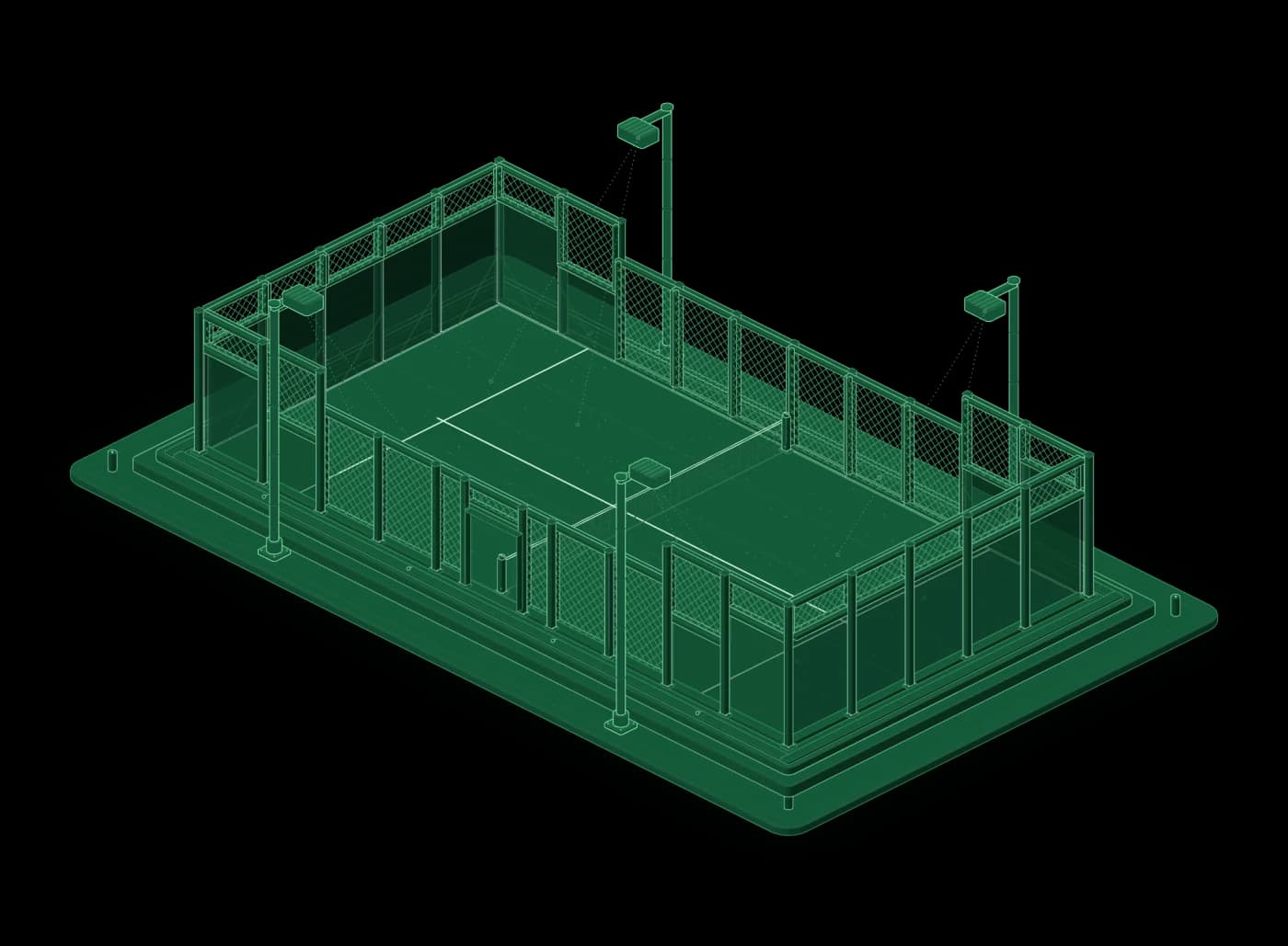 Ilustración isométrica de una cancha de pádel con paredes de cristal y malla, la red al centro, el acceso junto a la red y cuatro postes de luz.